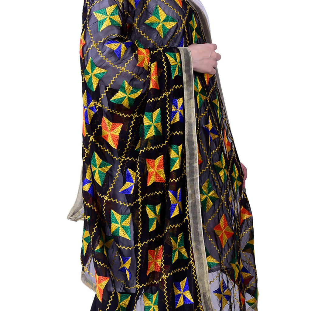 SWI Stylish Women's Embroidered Phulkari Chiffon Black Dupatta | Grocsy