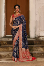 Joban Fashion Navy Blue Crepe Chiffon Pure Handloom Banarasi Silk Saree | Grocsy
