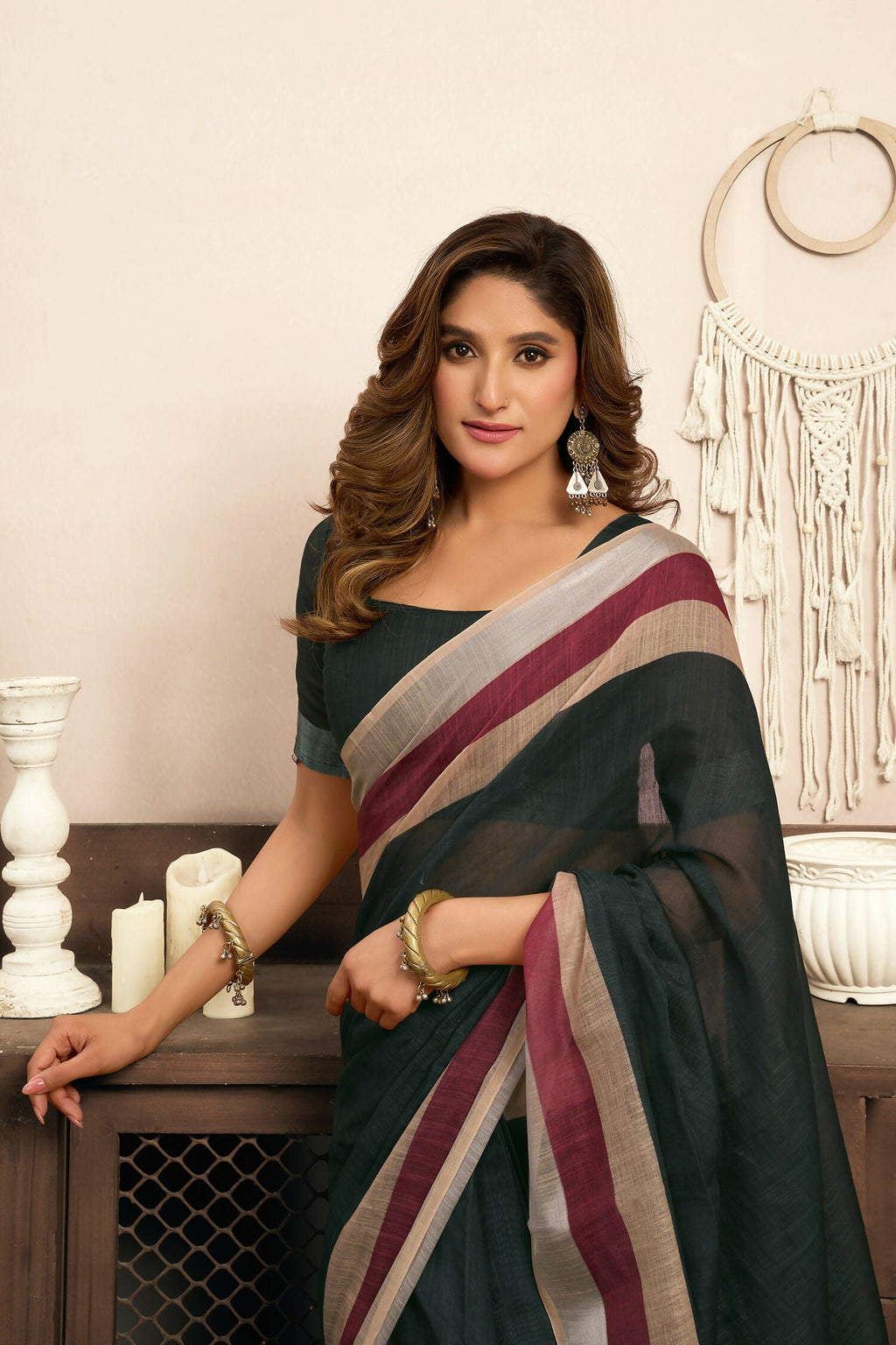 Joban Fashion  Black Solid Linen Ready To Wear Saree With Unstitched Blouse | Grocsy