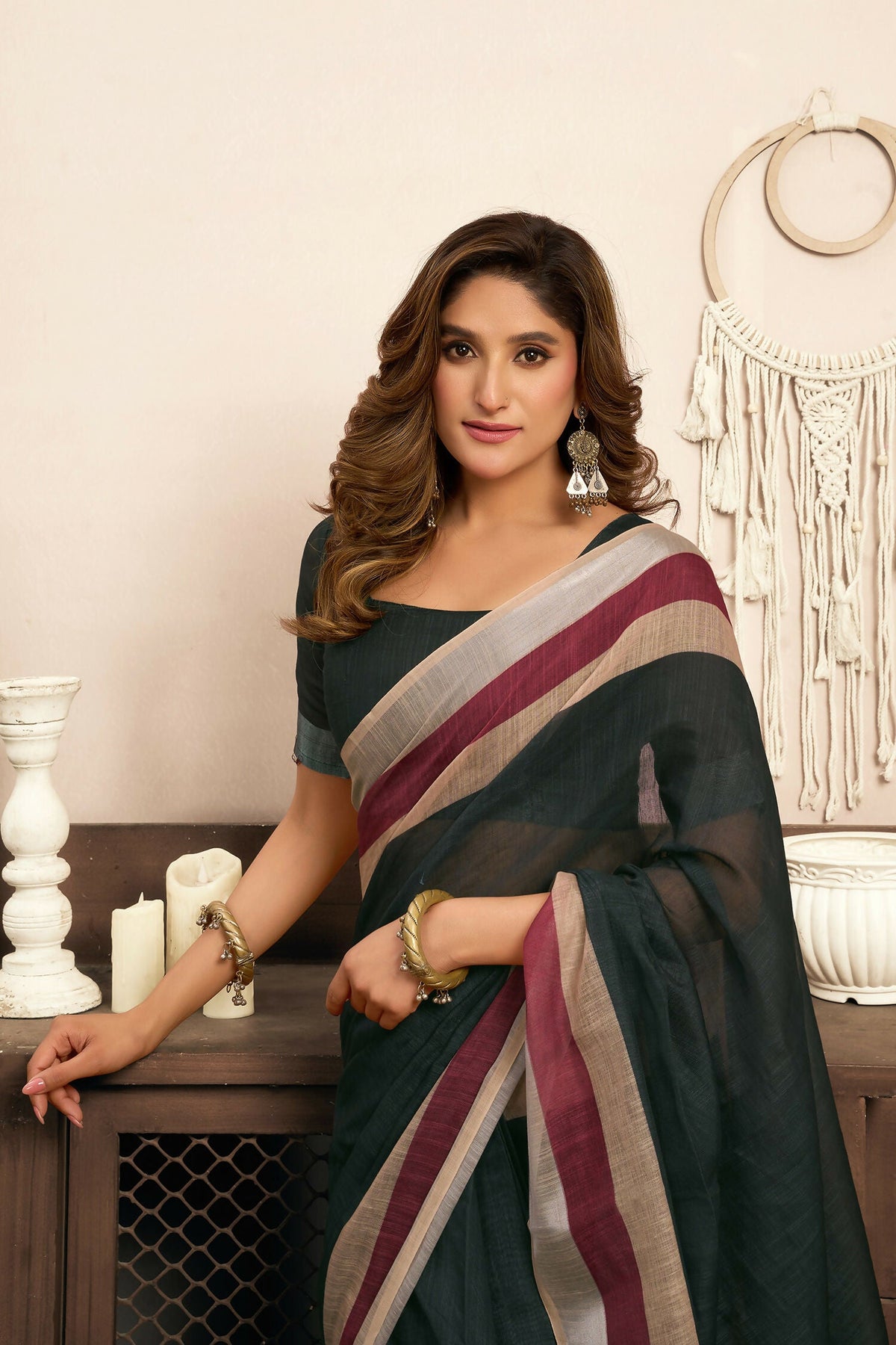 Joban Fashion  Black Solid Linen Ready To Wear Saree With Unstitched Blouse | Grocsy