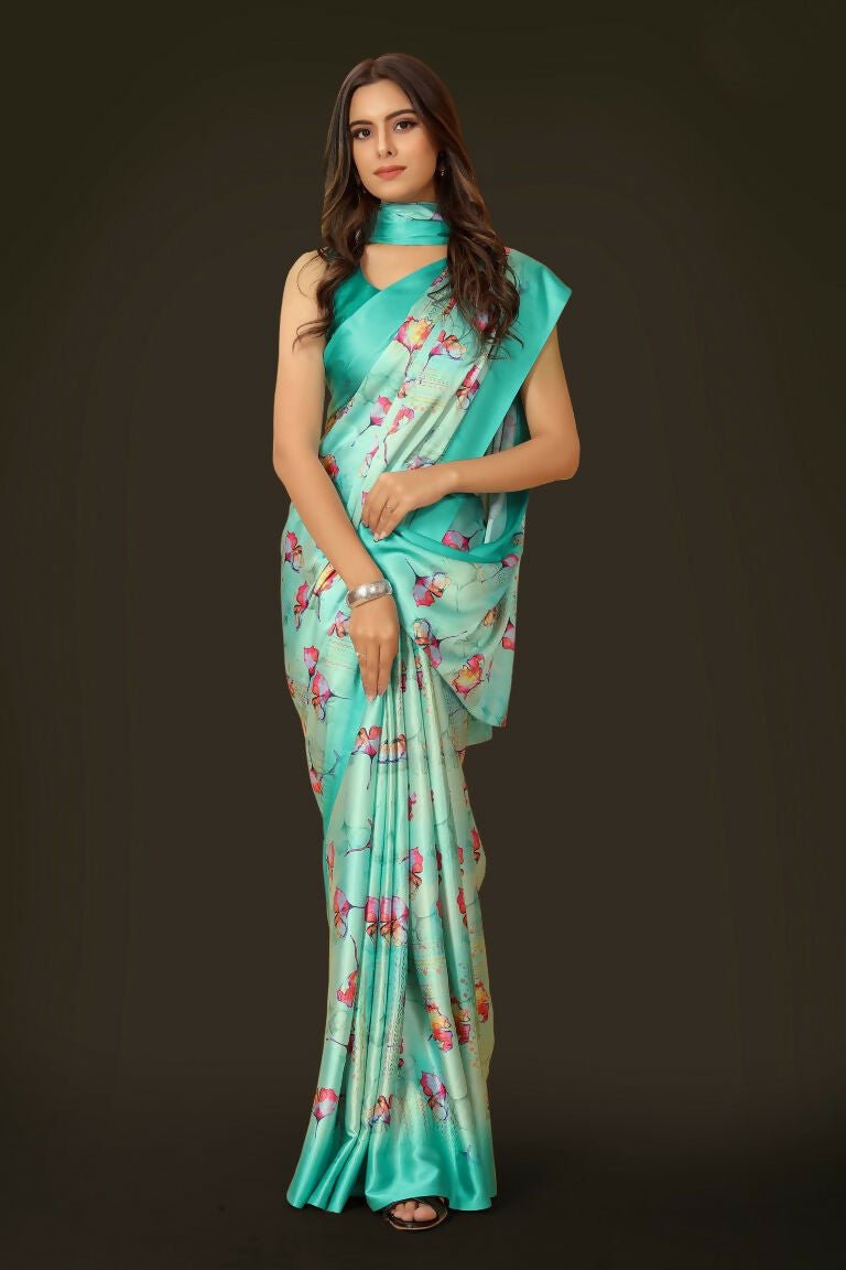 Aayaa Designer Printed Satin Saree - Multi Color | Grocsy