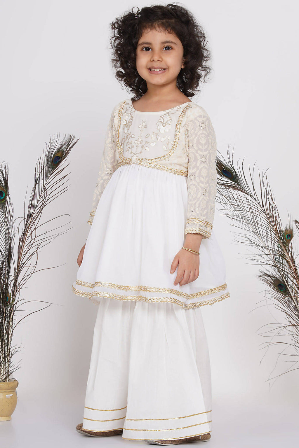 Little Bansi Girls Cotton Floral Embroidery Frock Kurta with Sharara & Dupatta - White | Grocsy