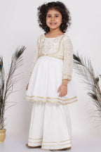 Little Bansi Girls Cotton Floral Embroidery Frock Kurta with Sharara & Dupatta - White | Grocsy