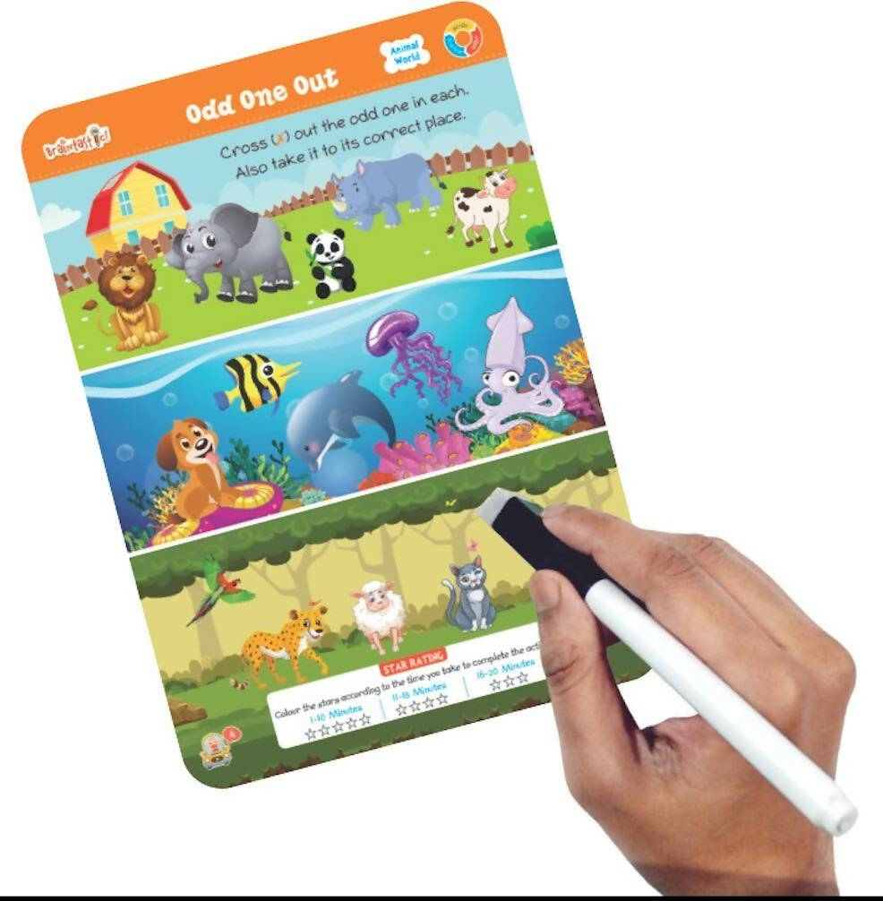 Braintastic Educational Game (3-6 yrs):Animal World / Kids Toys/Write & Wipe Activity Sheets/ Free 12 pc Puzzles | Grocsy