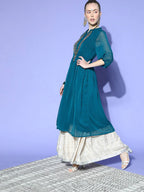 Janasya Women Teal Woven Design Dobby Weave Kurta | Grocsy