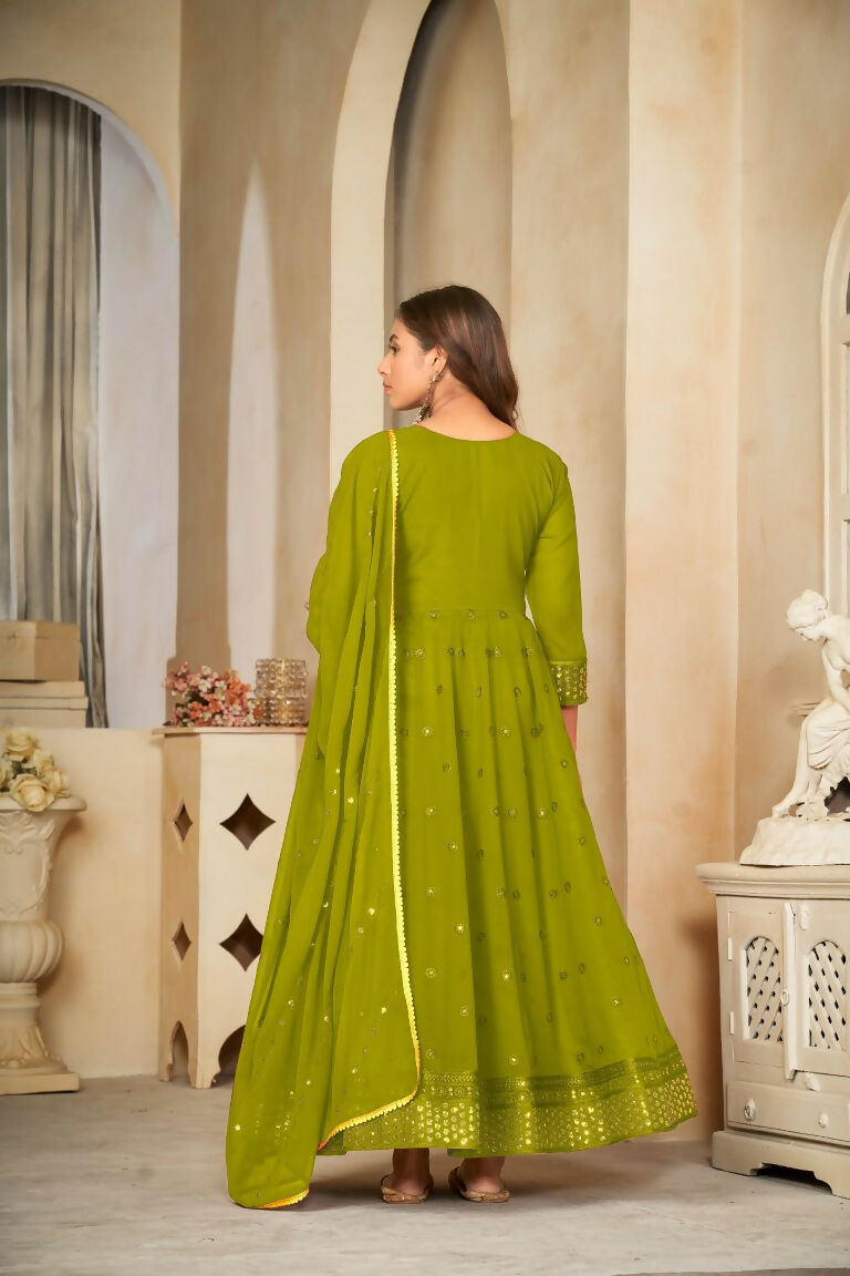 Jyoti Fashion Women's Mehendi Georgette Embroidered Anarkali Kurta Pant Set With Dupatta | Grocsy