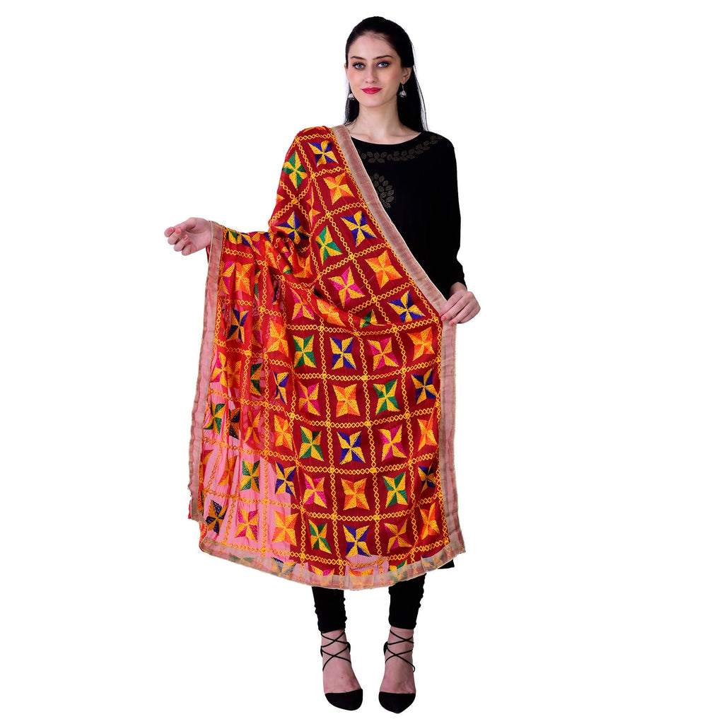 SWI Stylish Women's Embroidered Phulkari Chiffon Red Dupatta | Grocsy