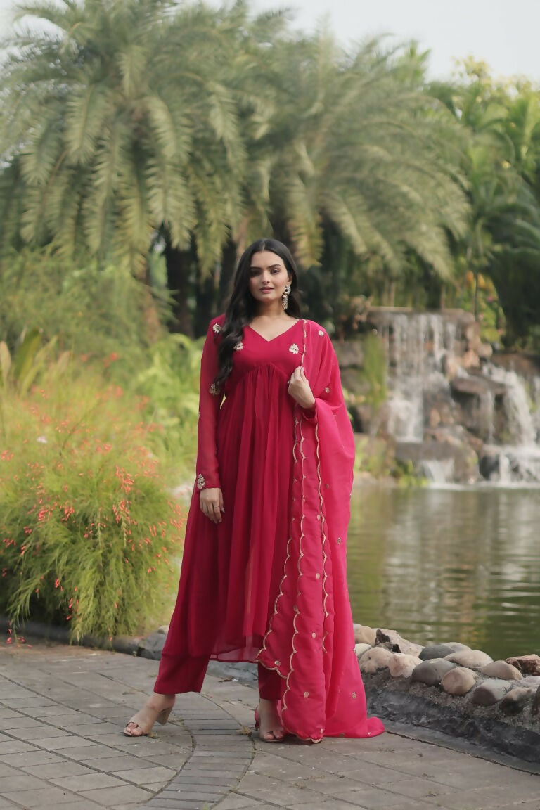 Jyoti Fashion Women's Pink Faux Blooming Embroidered Kurta with Trouser & Dupatta | Grocsy