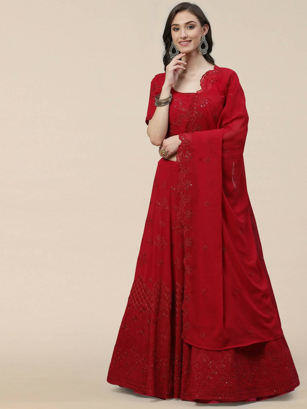 Dark Pink Georgette Thread with Sequins Embroidered work Lehenga Choli with Dupatta - Jivika | Grocsy