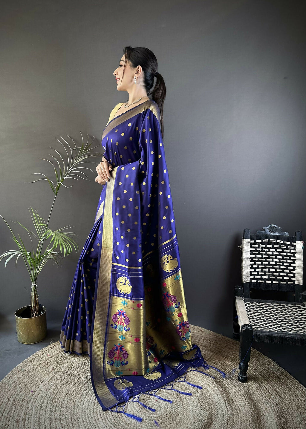 Joban Fashion Royal Blue Polka Dot Lichi Silk Paithani Silk Saree | Grocsy