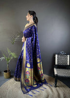 Joban Fashion Royal Blue Polka Dot Lichi Silk Paithani Silk Saree | Grocsy