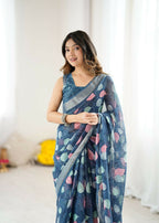 PR Fashion Dark_Blue Linen Patta Printed Saree | Grocsy