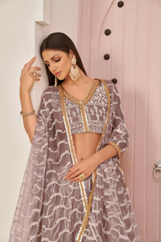 Aastha Fashion Onion Pink Butterfly Net White Cotton Thread Work, Zari Work And Sandwich Sequence Work Embroidery Wedding Wear Lehenga Choli | Grocsy
