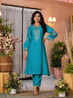 Juniper Women's Turquoise Zari Embroidered Viscose Kurta Pant And Dupatta Set With Lace & Mirror Work | Grocsy