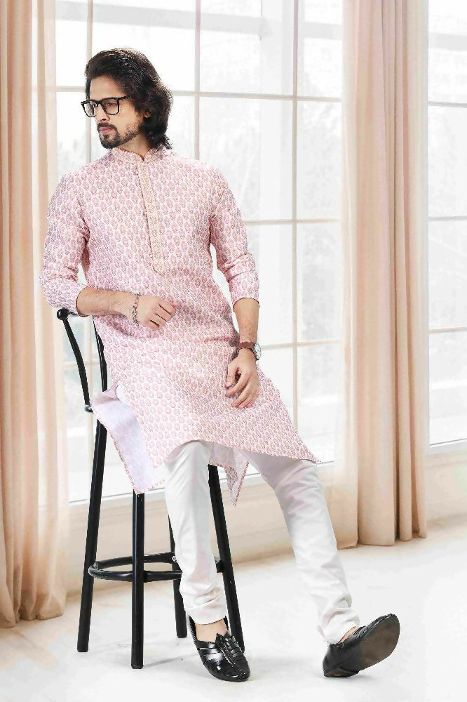 Raivat Ethnic Cotton Thread Work Kurta Pajama In Baby Pink Colour | Grocsy