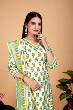 Women's Cotton A-Line Green Kurta Pant With Dupatta Set - A2M | Grocsy
