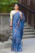 Beatitude Blue Cotton Floral Jamdani Saree | Grocsy