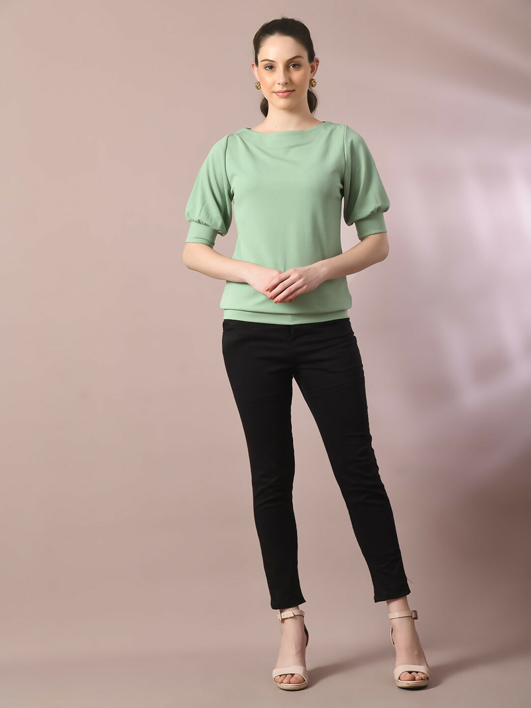 Myshka Women's Sea Green Solid Boat Neck Party Top | Grocsy