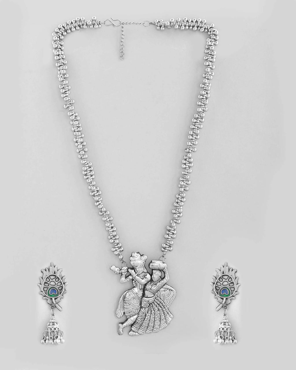 VOJ Silver Plated Oxidized Kanha Shape Long Necklace with Earring Set | Grocsy
