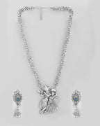 VOJ Silver Plated Oxidized Kanha Shape Long Necklace with Earring Set | Grocsy