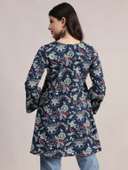 Aavyora Women's Navy Blue Cotton Tunic with Red and White Floral Print, Pin-Tuck Detailing, and Flared Sleeves | Grocsy