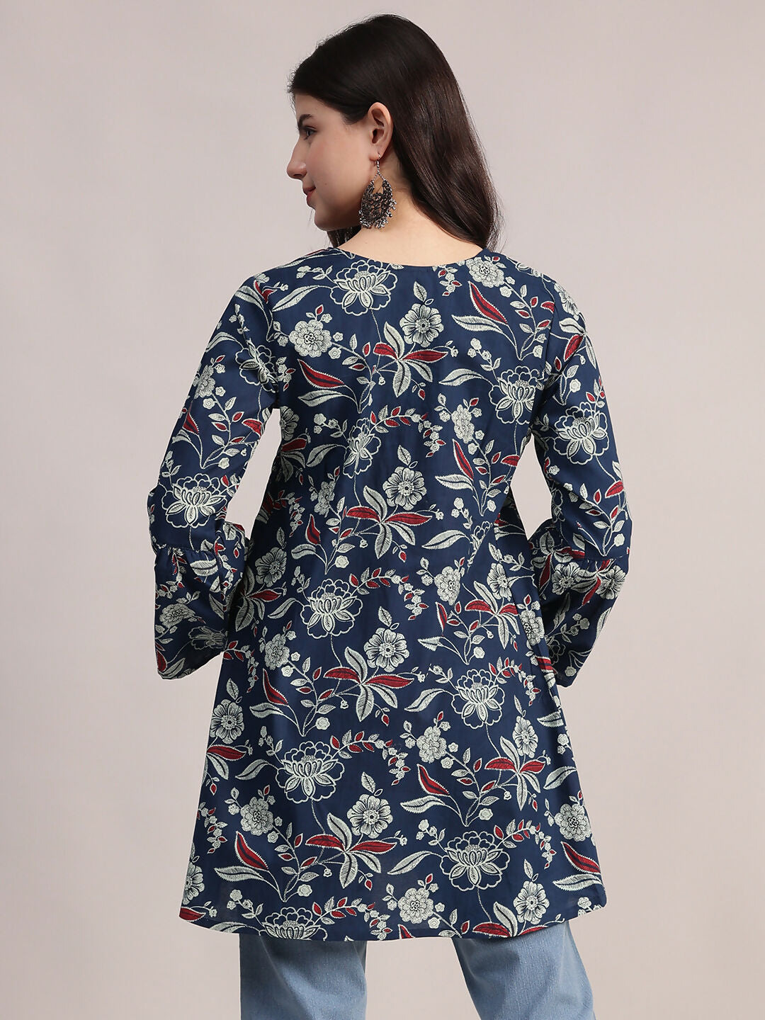 Aavyora Women's Navy Blue Cotton Tunic with Red and White Floral Print, Pin-Tuck Detailing, and Flared Sleeves | Grocsy