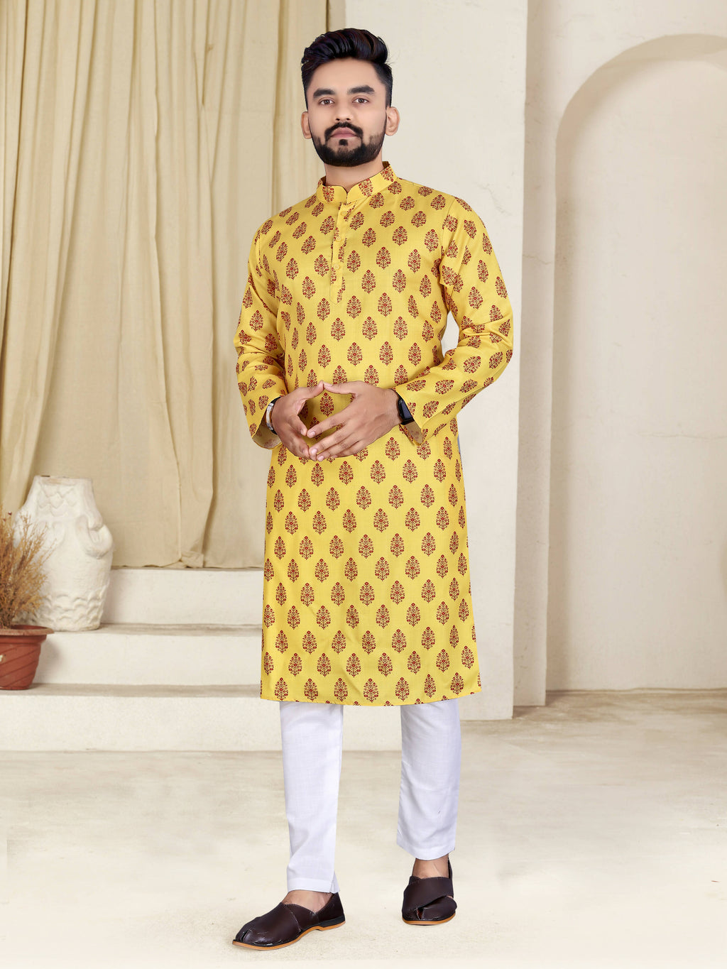 Mens Yellow Cotton Printed Kurta - Mahotsav | Grocsy