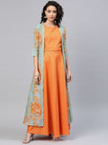 Ahalyaa Women's Orange Crepe Gold Print Top Skirt With Printed Jacket | Grocsy