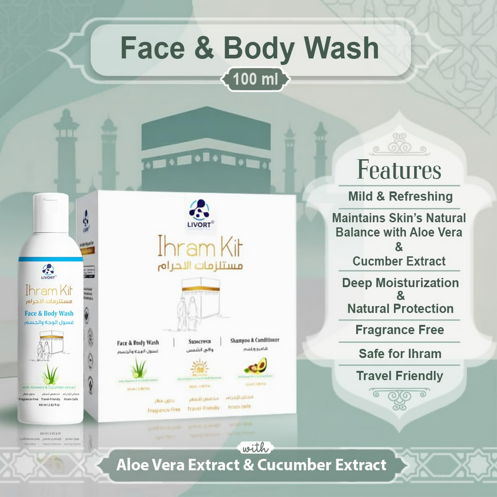 Livort Ihram Kit Hajj & Umrah Face & Body Wash Sunscreen Shampoo & Conditioner | Grocsy