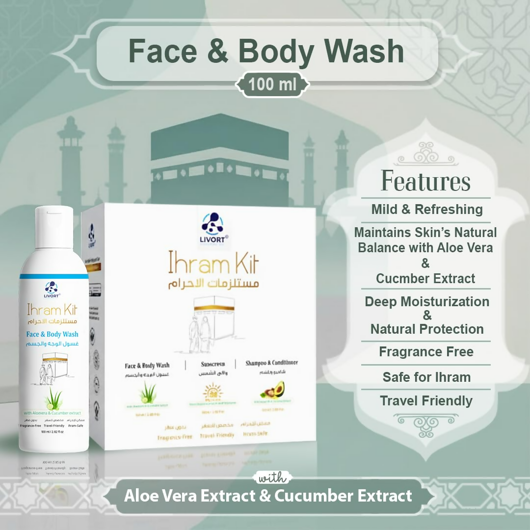 Livort Ihram Kit Hajj & Umrah Face & Body Wash Sunscreen Shampoo & Conditioner | Grocsy
