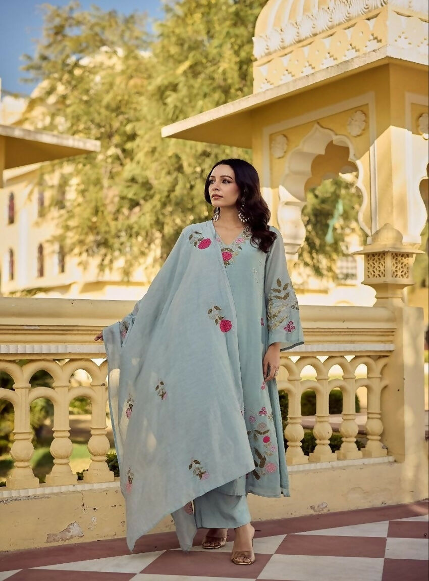 Teeya Creation Elegant Pastel Grey-Green Embroidered Straight Suit Set With Dupatta For Festivals Weddings | Grocsy