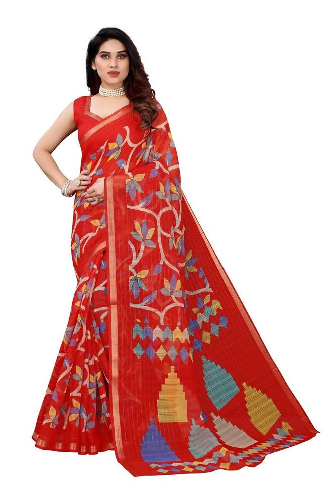 Vamika Red Linen Zari Border Beautiful Saree | Grocsy