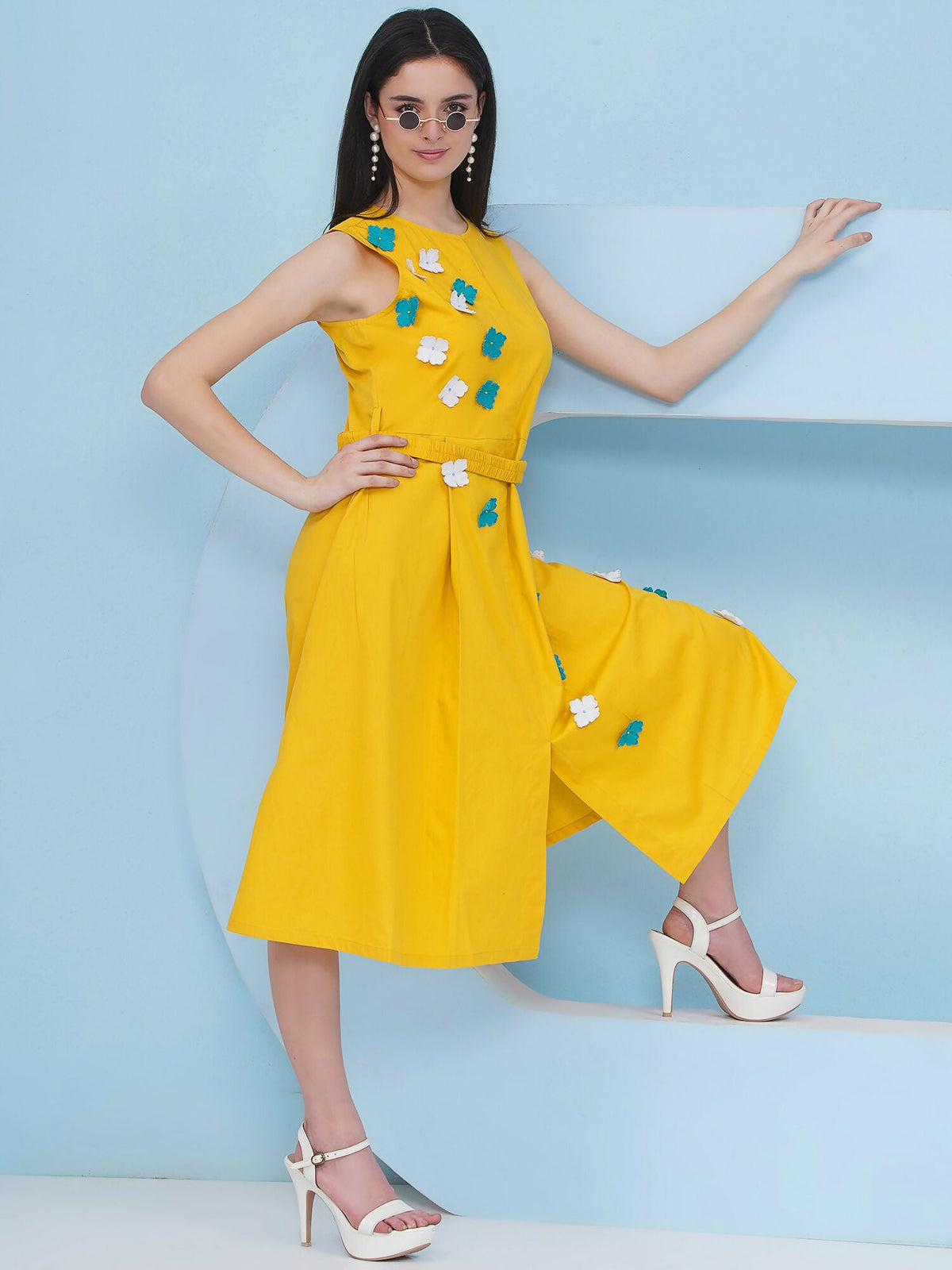 Joban Fashion Yellow Dress with 3D Flower Embroidery and Belt | Grocsy