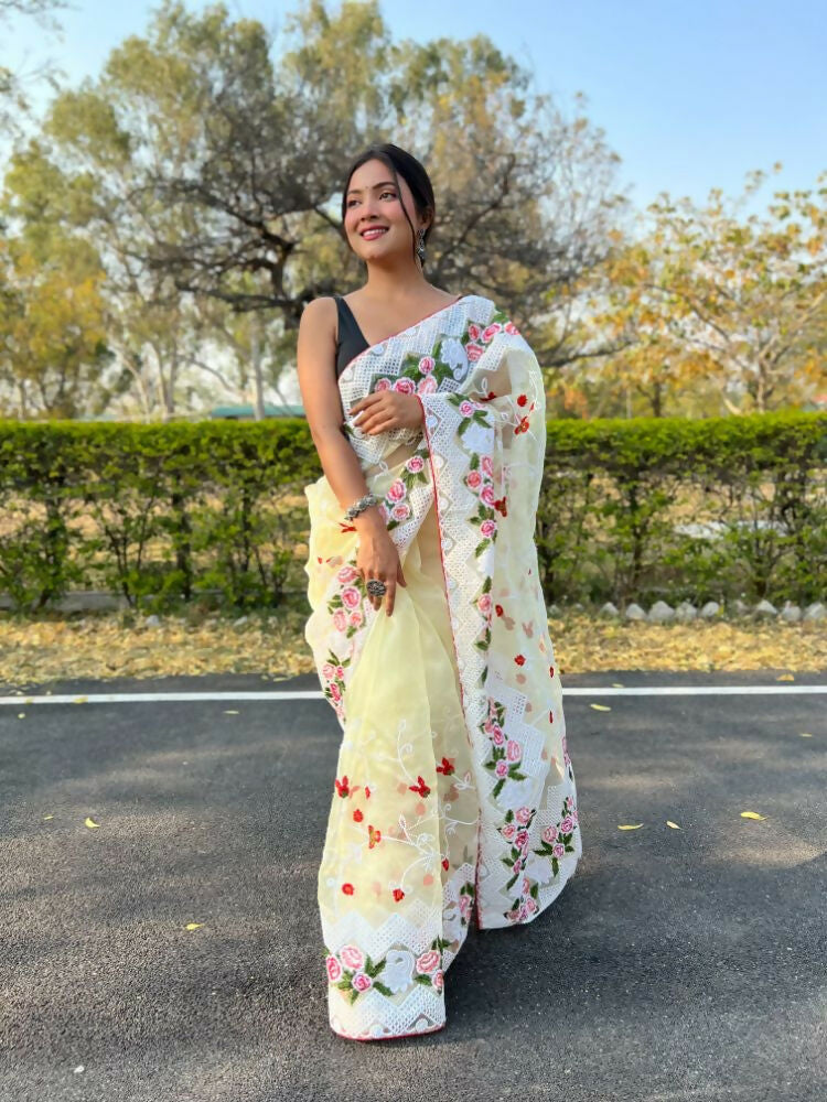 Vamsee Kamaljaal Yellow Organza Saree | Grocsy