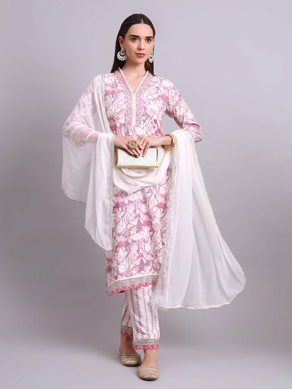 Joban Fashion Off White Cotton Floral Printed & Embroidery Work Kurta With Trousers & Dupatta Set | Grocsy