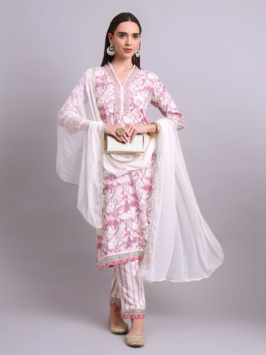 Joban Fashion Off White Cotton Floral Printed & Embroidery Work Kurta With Trousers & Dupatta Set | Grocsy