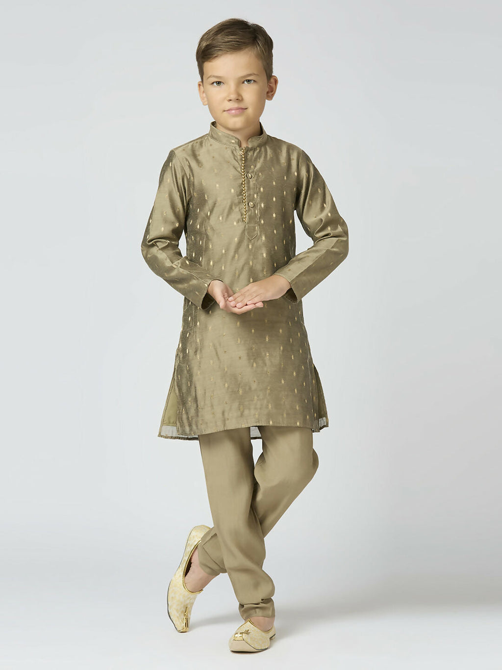 Joban Fashion Kids Island Full Sleeves Chanderi Kurta, Pyjama Set with Traditional Butta Work - Grey | Grocsy