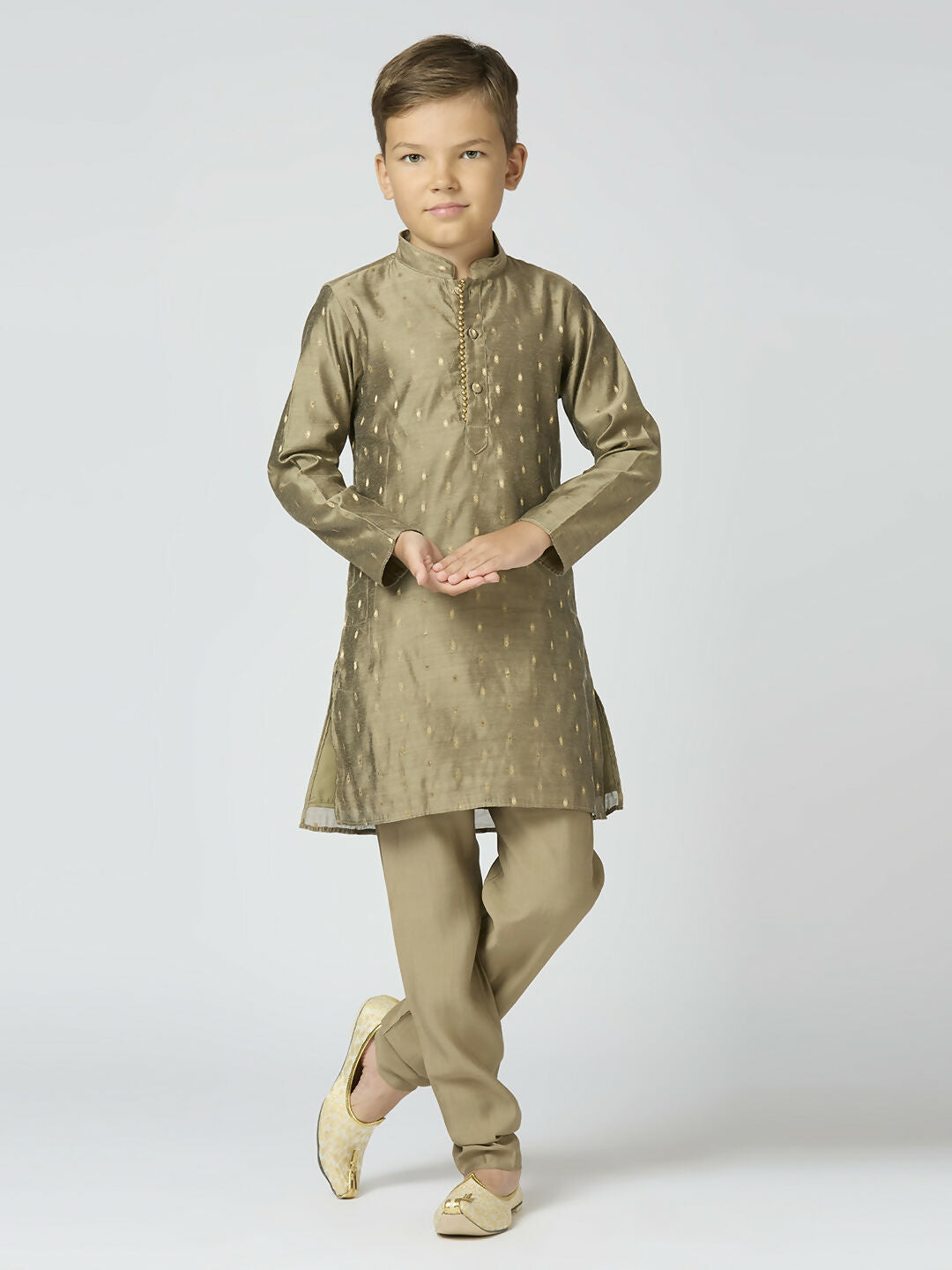 Joban Fashion Kids Island Full Sleeves Chanderi Kurta, Pyjama Set with Traditional Butta Work - Grey | Grocsy