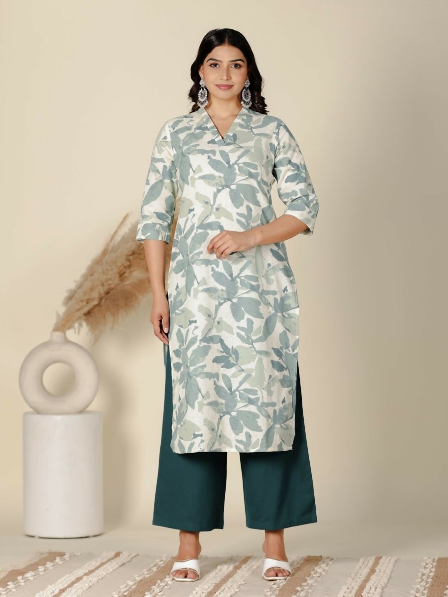 Aramya Green Linen Cotton Foliage Straight Kurta for Women | Grocsy