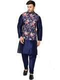 ABH Lifestyle Men's Silk Navy Blue Kurta Pyjama & Printed Nehru Jacket | Grocsy