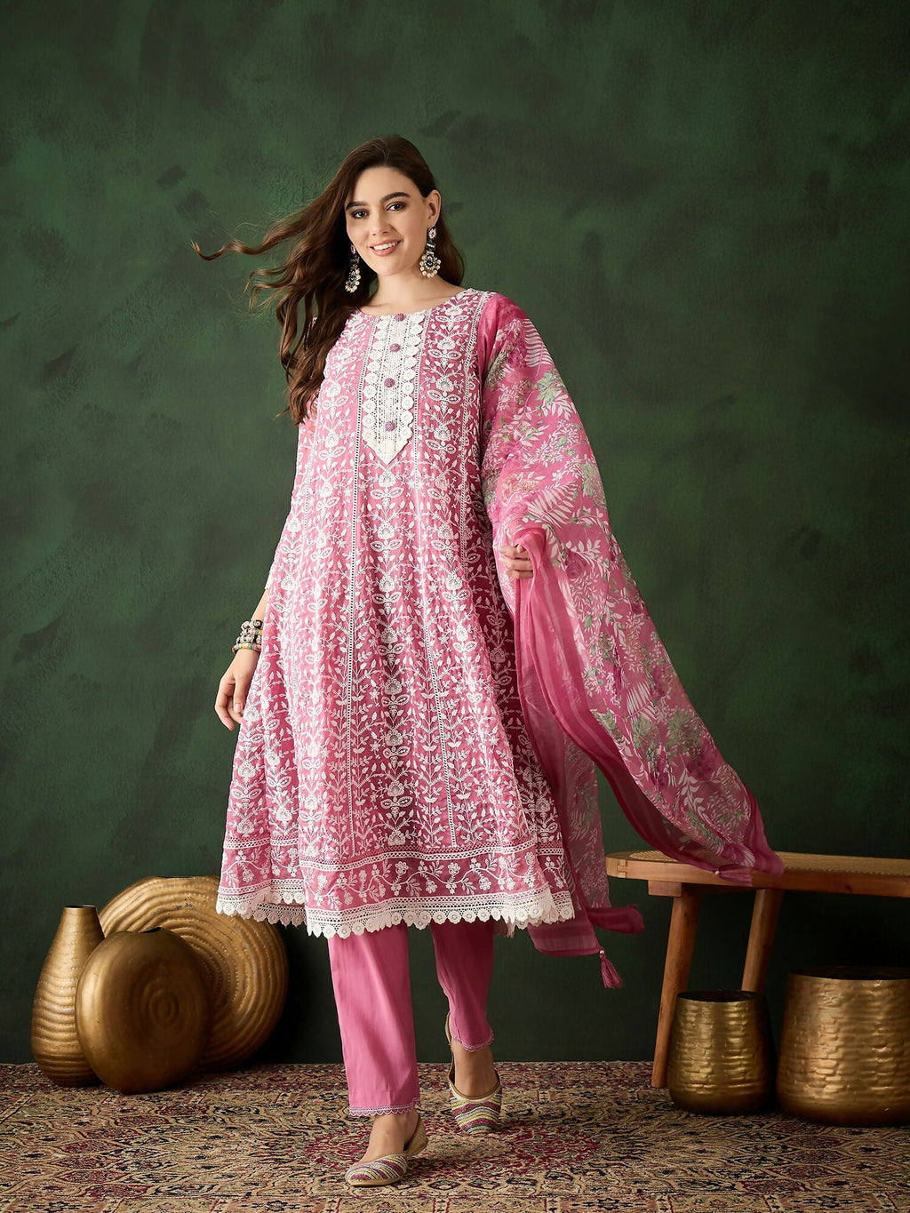 Pink Crystal Organza schiffli embroidery Kurta With Trouser & Dupatta - Bhumi | Grocsy