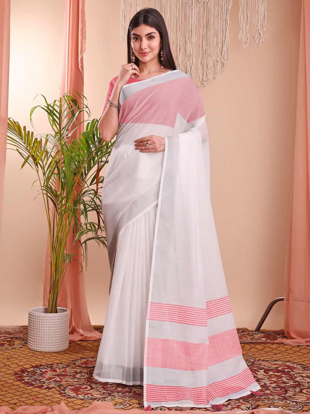 Shree Shyam Fashion The White Loom White Linen Cotton Saree | Grocsy