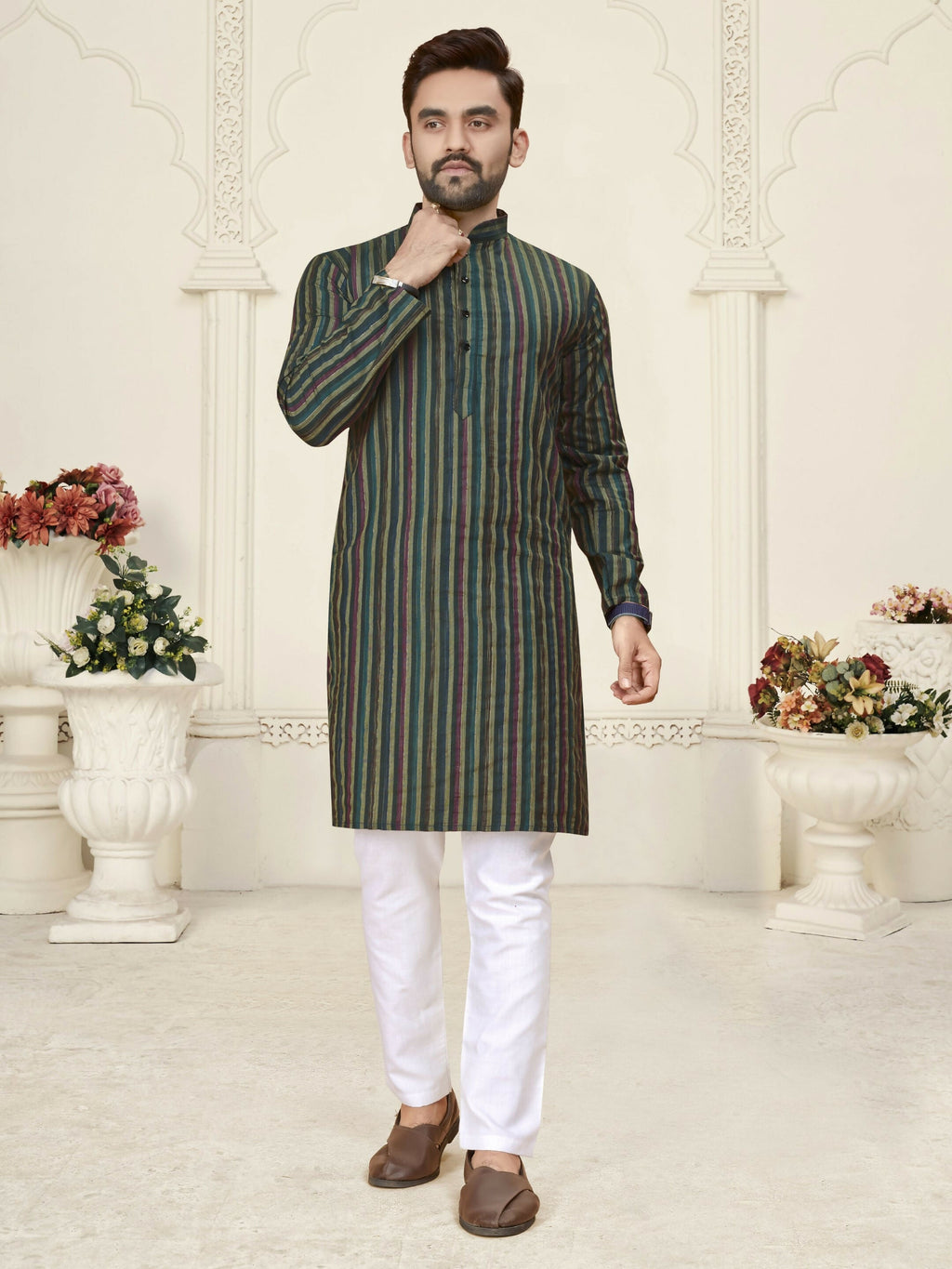 Anaita Green Jacquard Linen Cotton Straight Kurta | Grocsy