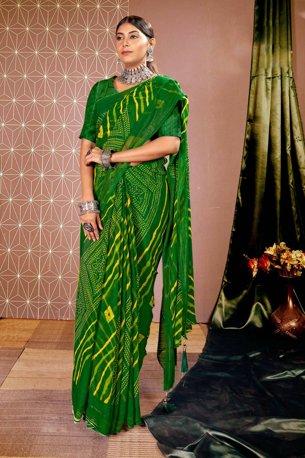 Green Chiffon Leheriya Printed Saree With Unstitched Blouse Piece - Shanaya | Grocsy