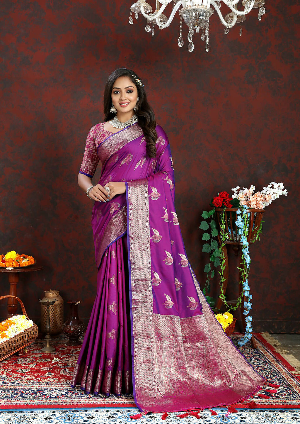 Lorenvalley Fashion Purple Soft Silk Woven Design Zari Weaving Saree | Grocsy