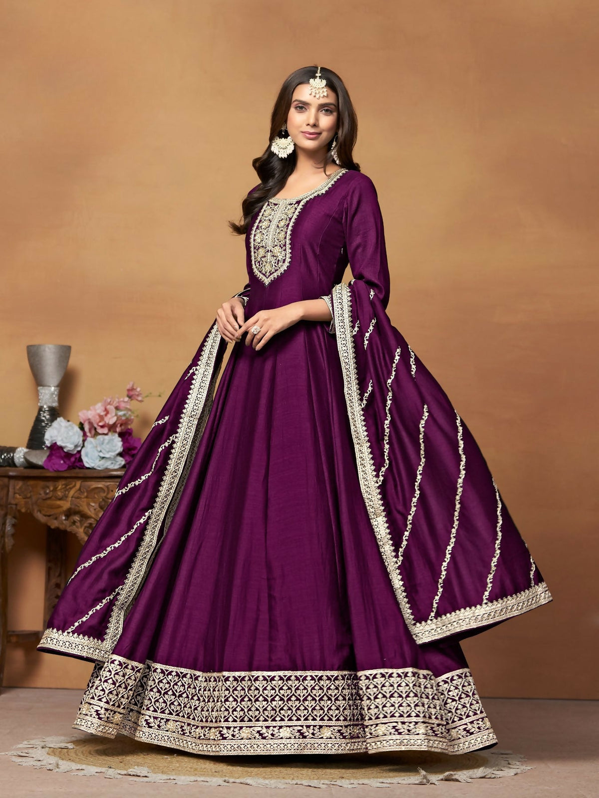 Anaita Wine Embroidered Art Silk Anarkali Suit | Grocsy