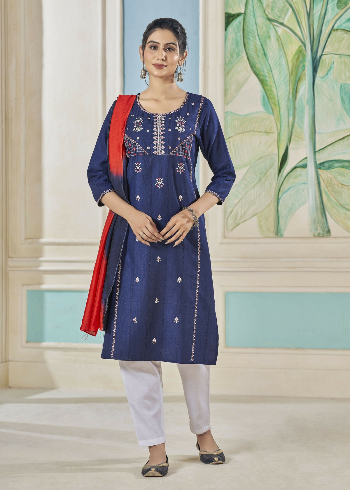 Jyoti Fashion Women's Blue Pure Viscose Weaving Stripe with Embroidery Kurta Set | Grocsy