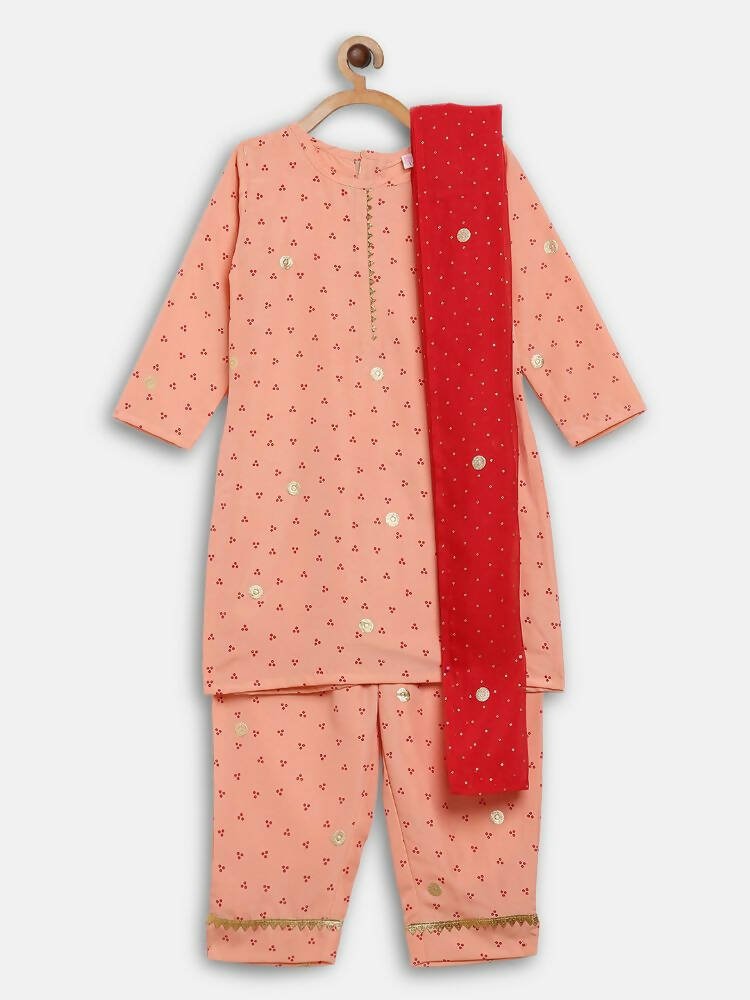 Ahalyaa Peach Crepe Gold Printed Kids Kurta Sets With Dupatta For Girls | Grocsy