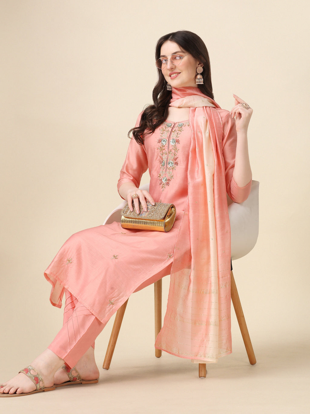 Embroidered Kurta With Pant & Dupatta Set, Multicolor - Hiral Fashion | Grocsy