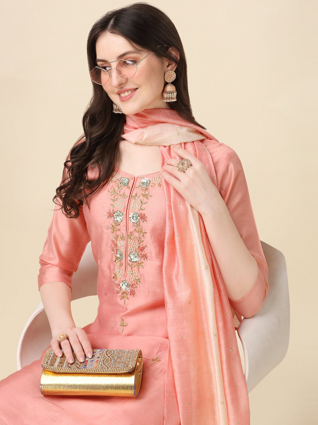 Embroidered Kurta With Pant & Dupatta Set, Multicolor - Hiral Fashion | Grocsy